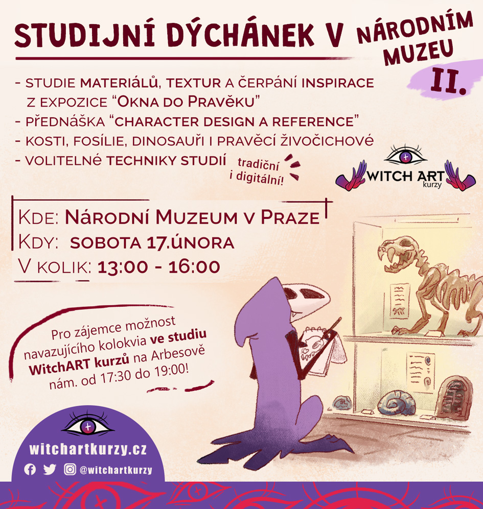 witchartkurzy's tweet photo. 🦖 STUDIJNÍ DÝCHÁNEK V NÁRODNÍM MUZEU vol.2
Opět si připravte svoje skicáky a tablety a v sobotu 17. února s námi vyražte na druhý kreslící studijní dýchánek v Národním muzeu v Praze na Václavském náměstí!

Čekají nás mamuti, dinosauři a monster design! ✨

#artclass #praha https://t.co/HnYnXJZKR9