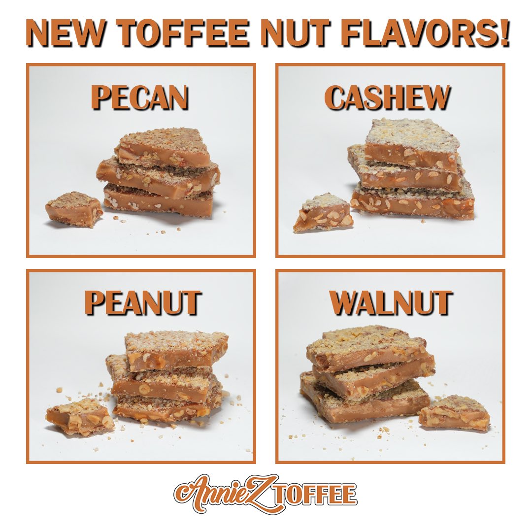 🥳 4 NEW TOFFEE FLAVORS now available! Just in time for Valentine’s Day! ❤️🥂FREE nationwide shipping! 😃 Promo ends February 29! 🎉

#valentinesday #giftideas #annieztoffee #sweet #candy #valentines #giftideas #pecantoffee #almondtoffee #peanuttoffee #cashewtoffee #walnuttoffee
