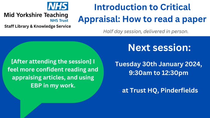 Mid Yorks NHS Library & Knowledge Service (@midyorkslibrary) on Twitter photo A few places have become available on our introduction to critical appraisal #training taking place tomorrow (30th Jan), 9:30 - 12:30 at Trust HQ. This session is aimed at staff new to critical appraisal or those looking to refresh their skills. Contact <a href="/midyorkslibrary/">Mid Yorks NHS Library & Knowledge Service</a> to book😊 A few places have become available on our introduction to critical appraisal #training taking place tomorrow (30th Jan), 9:30 - 12:30 at Trust HQ. This session is aimed at staff new to critical appraisal or those looking to refresh their skills. Contact <a href="/midyorkslibrary/">Mid Yorks NHS Library & Knowledge Service</a> to book😊