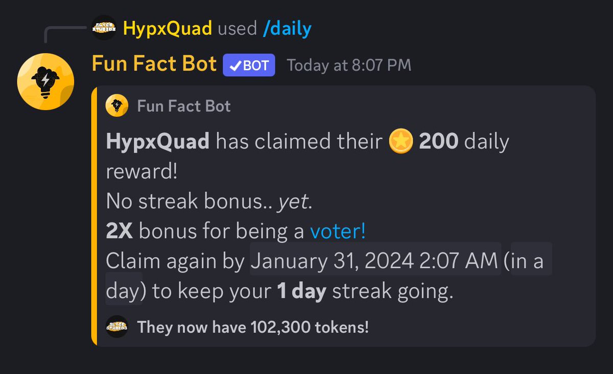 FunFactBotHelp's tweet photo. 🌟 Hey Fun Fact Bot fam! 🌈 Have you claimed your daily reward on https://t.co/F7y85GGNaG? 💰 Don't miss out—grab your daily dose of points and guess what? 🚀 If you're a voter, you'll score DOUBLE the points! 🎉 Time to level up and make the most of your Discord experience! 🤖✨ https://t.co/BEiGQwteoJ