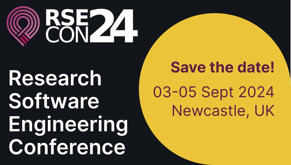 📢 Save the Date! The eighth annual Research Software Engineering Conference #RSECon24 will take place 03-05 September 2024 in Newcastle upon Tyne, UK. 
Check out our redesigned conference website for info about the venue, the event &amp; the people behind it: rsecon24.society-rse.org