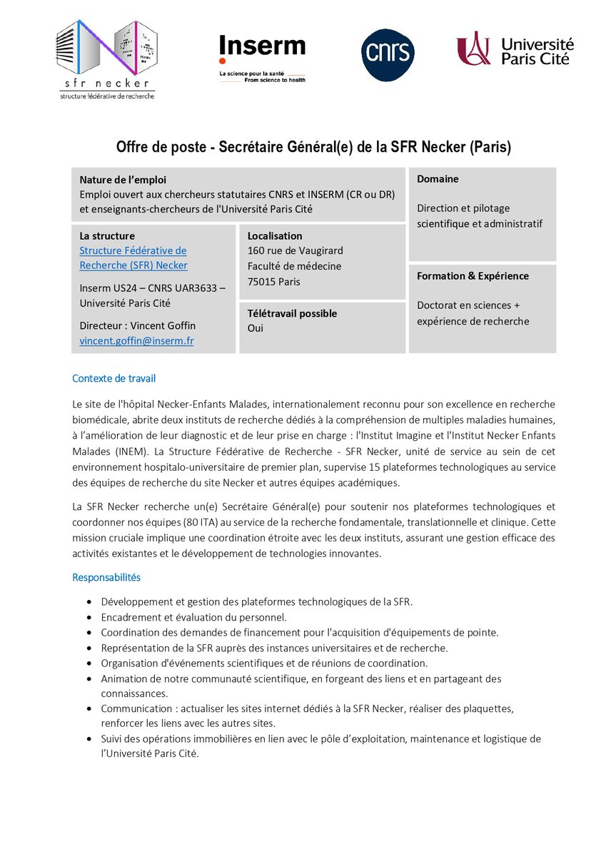 NeckerInem's tweet photo. 💼 [Carrière] La SFR Necker recherche un(e) Secrétaire Général(e) dynamique pour diriger et innover dans un environnement de recherche de renommée mondiale. Prêt(e) à impacter significativement la recherche ? Découvrez plus et postulez maintenant ! 🚀 https://t.co/VEL9G0EvKm