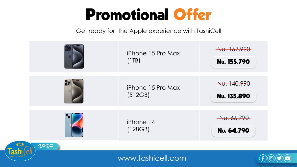 TashiCell's tweet photo. Do not miss out on our exclusive promotional offer for the iPhone 15 Pro Max and the iPhone 14!

Elevate your smartphone experience with the ultimate blend of power and innovation. https://t.co/S22QvoNYsA