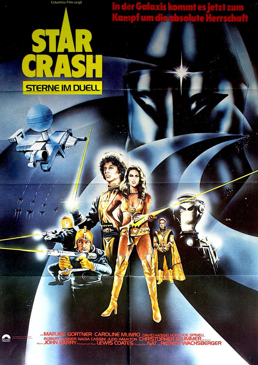 German movie poster for #LuigiCozzi's #Starcrash (1978) #CarolineMunro #DavidHasselhoff #ChristopherPlummer #MarjoeGortner #JoeSpinell