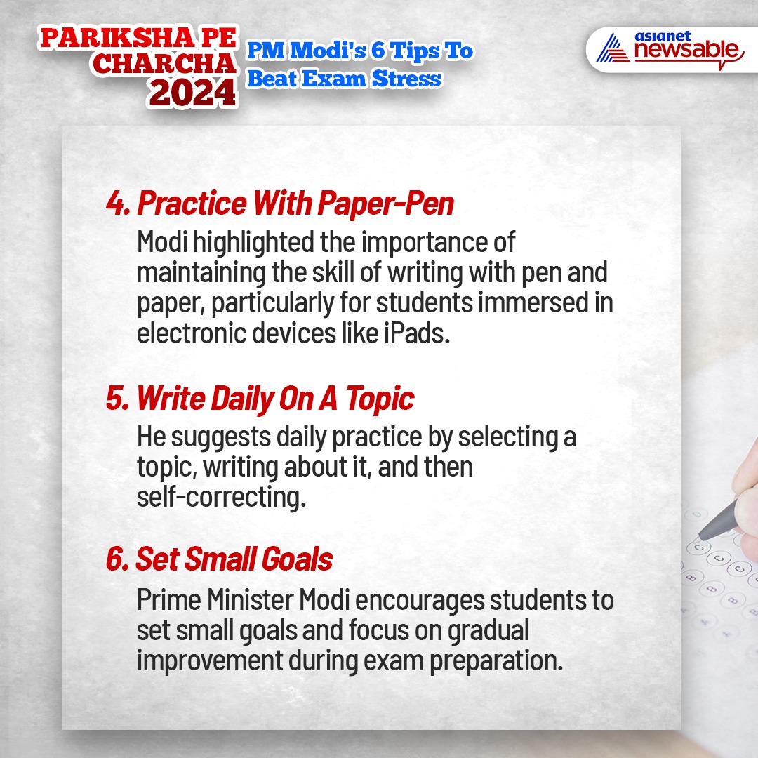 AsianetNewsEN's tweet photo. #ParikshaPeCharcha2024: PM Modi's 6 Tips To Beat Exam Stress
@narendramodi @PMOIndia
#ParikshaPeCharcha #StudyPressure #ExamStress #Pariksha_Pe_Charcha #StudyPressure #PMModi #Education https://t.co/n6SfRo4DOP