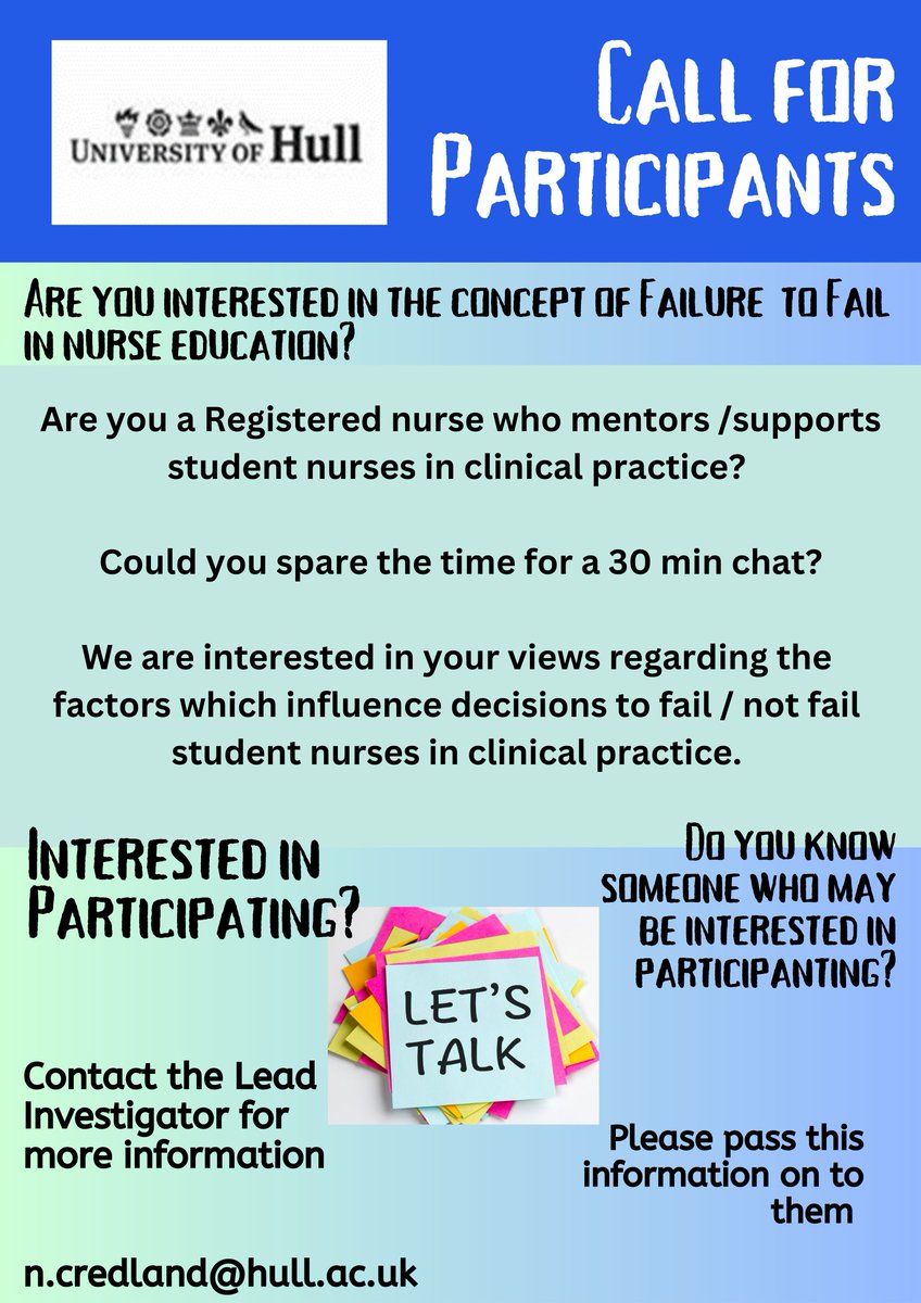 Please consider taking part in this new study! Email me on n.credland@hull.ac.uk for further info @WeNurses @nmcnews @theRCN @rcni