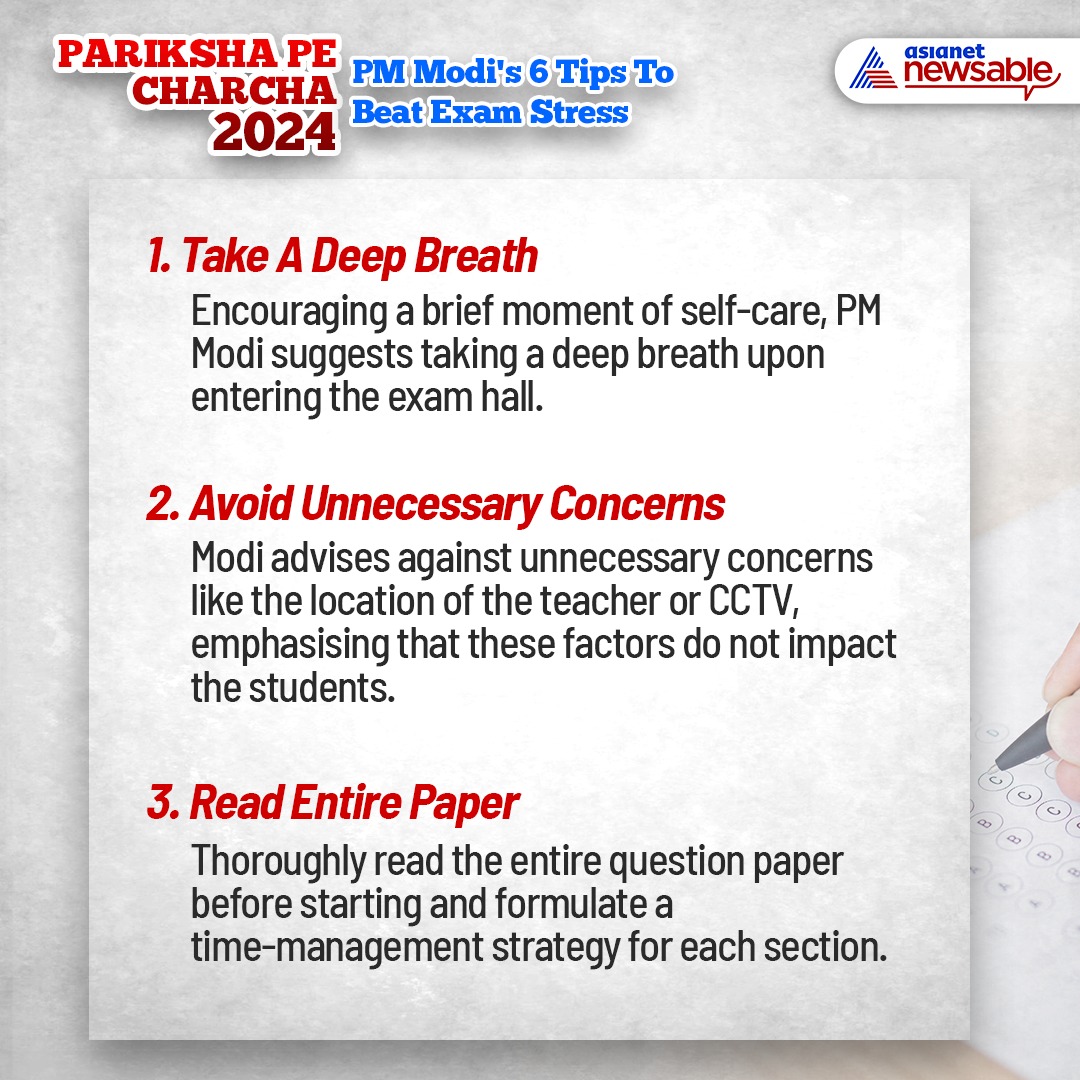 AsianetNewsEN's tweet photo. #ParikshaPeCharcha2024: PM Modi's 6 Tips To Beat Exam Stress
@narendramodi @PMOIndia
#ParikshaPeCharcha #StudyPressure #ExamStress #Pariksha_Pe_Charcha #StudyPressure #PMModi #Education https://t.co/n6SfRo4DOP