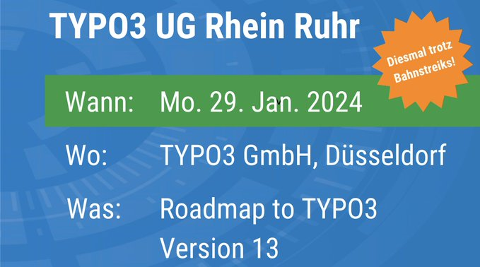 Reminder: Das ist heute Abend in der TYPO3 GmbH. Freundlicherweise hat die GDL dafür sogar mit dem Streik aufgehört. typo3.org/event/20240129…
#TYPO3 #TUGRUHR #TUGDUS