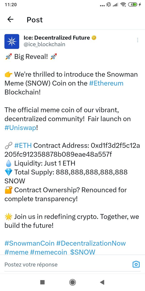 javariice's tweet photo. 🌟 #Snowman (SNOW), la cryptomonnaie mème officielle de @ice_blockchain, est sortie en tant que lancement équitable sur #Uniswap

Tradez maintenant : https://t.co/mXVNv8nAgs

🙌 Rejoignez-moi sur #Ice "javari" https://t.co/uMXBTKUjE1