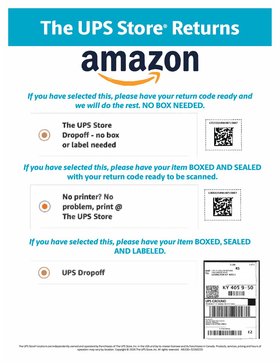TheUPSStore6958's tweet image. #AmazonReturns
(1) The UPS Store Dropoff. Have your return code ready + we will do the rest. NO BOX NEEDED.
(2) No printer? No Problem. Print @ UPS Store. Have your item BOXED + SEALED with your return code ready to be scanned.
(3) UPS Dropoff. Have item BOXED, SEALED + LABELED.