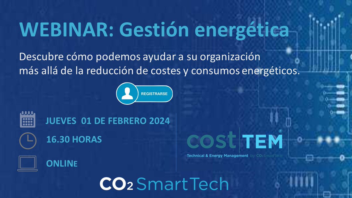Este jueves organizamos webinar en que mostraremos cómo la implantación del sistema de gestión energético cost|TEM le ayudará a identificar y minimizar costes y energéticos en su organización.  
 
Inscripción: lnkd.in/dYDm9qzJ
 
📅 Jueves 01/02/2024 - 16.30 hrs.