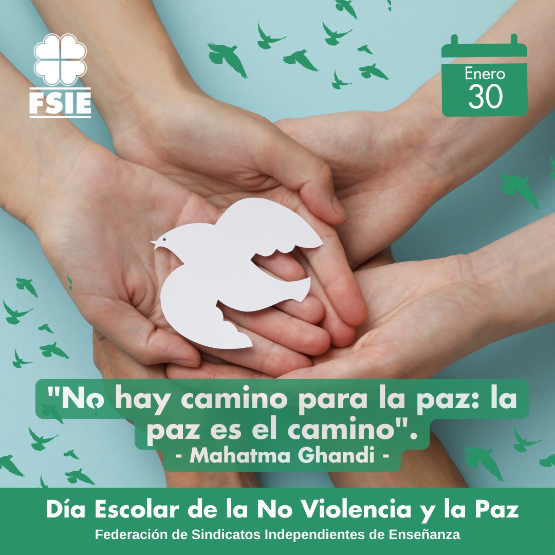 fsie_nacional's tweet photo. Hoy 30 de enero nos sumamos a la celebración del Día Escolar de la No Violencia y la Paz dirigiéndonos a los centros educativos, profesores y familias en la responsabilidad que tienen con los menores y con la sociedad a favor de la convivencia. 
#SomosFSIE🍀 https://t.co/9r29IuwbCX