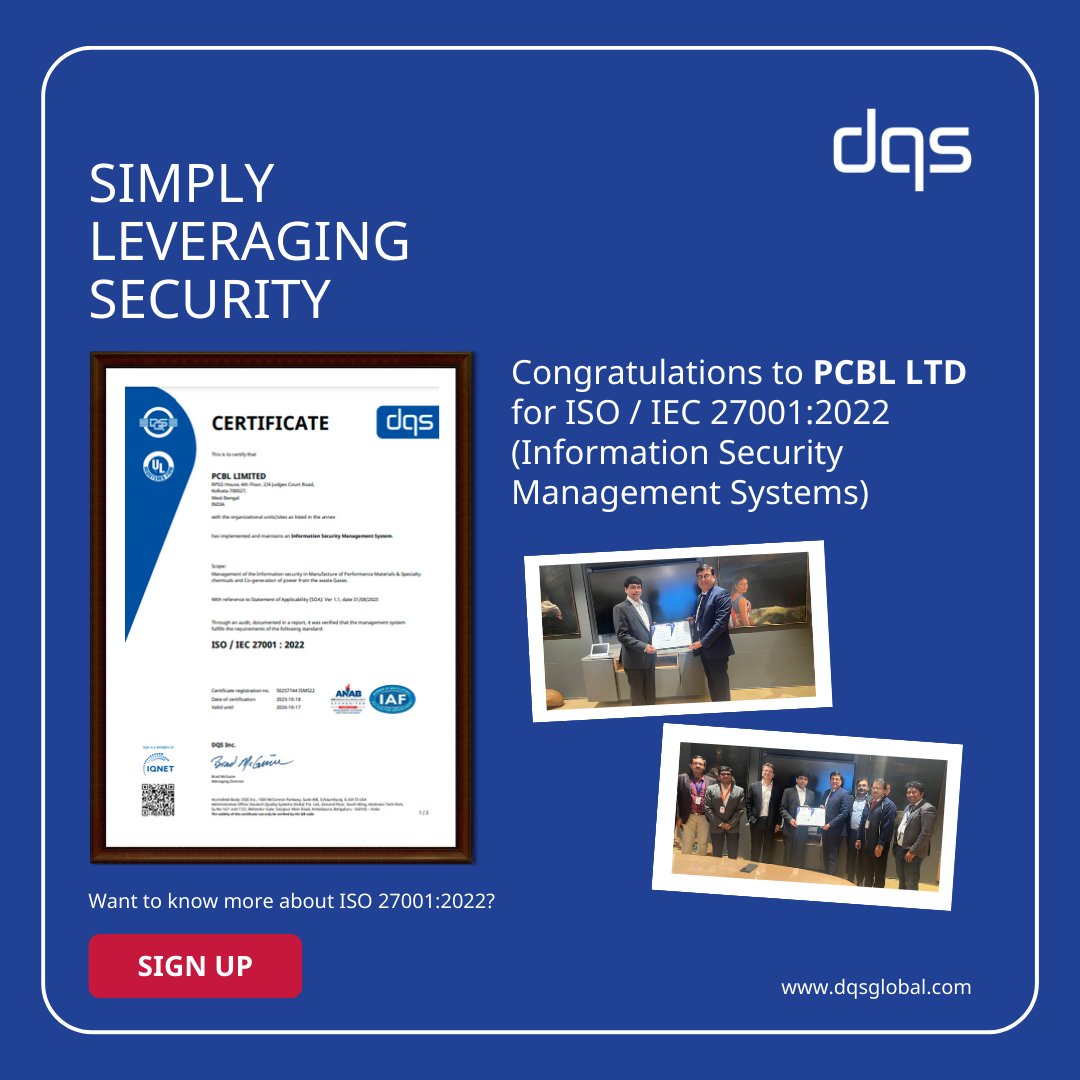 DQS_India's tweet photo. DQS extends hearty congratulations to PCBL Limited for ISO/IEC 27001:2022 (Information Security Management Systems).
We at DQS genuinely appreciate your business and we’re grateful for the trust you’ve placed in us.
#SimplyleveragingQuality #informationsecurity #iso27001 #india https://t.co/9YYXyD8kFf