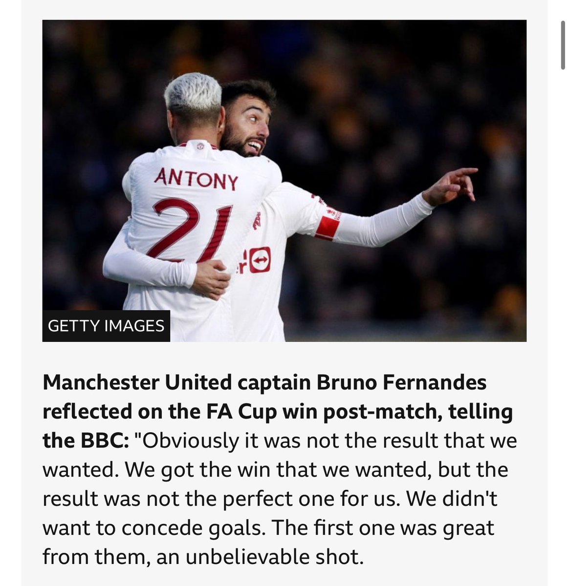 MattyAllison14's tweet photo. @FootballCliches May have discussed it before, but the constant butchering of result and scoreline. Bruno Fernandes wanted a draw or loss in this game did he. https://t.co/DP8LSykT6v