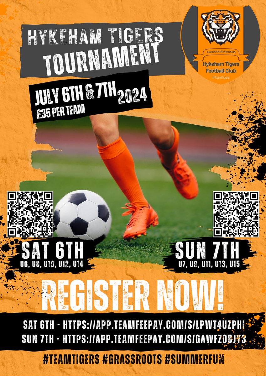 We are live - reserve your slot for our summer tournament now!
Saturday 6th July - U6, U8, U10, U12, U14 - bit.ly/48SrcYD
Sunday 7th July - U7, U9, U11, U13, U15 - app.teamfeepay.com/s/GawfZO8jy3

#teamtigers #grassroots #summerfun