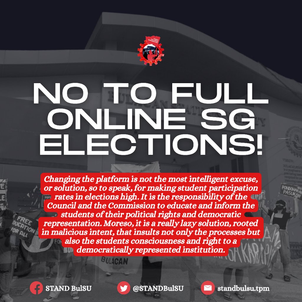 STANDBulSU's tweet photo. NO TO FULL ONLINE SG ELECTIONS!
STAND BulSU condemns San Andres Admin, UCSE, BulSUONE, and Kasama BulSU for opting for full online elections.
#STANDBulSU https://t.co/IIeYiNBmB0