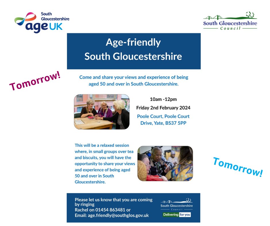 age_uk_sg's tweet photo. Would you like to share your experience of being aged over 50 and living in South Gloucestershire?

There is a session running on Friday 2nd February  from 10 am to 12 pm at Poole Court, Yate inviting people to have their say.  Please call 01454 863481 to book your place https://t.co/VGUyIbk3yR