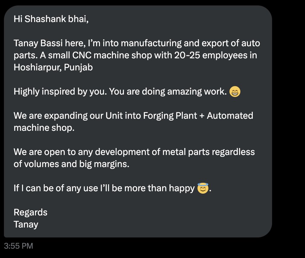 protosphinx's tweet photo. Planning to setup a  small curated list of high enthu manufacturers who do a good job and are looking to scale.

I plan to visit them individually and post about their products + help/advice them and generate demand for them.

Below is a note from @Tanay2611 who runs a CNC shop in Hoshiarpur.