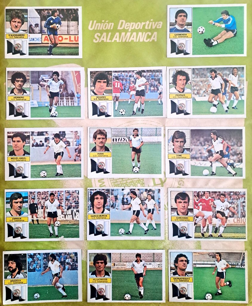 elfutboldeayer's tweet photo. ⚪️⚫️ UD Salamanca. Álbum de cromos Liga 82/83
📸 D'Alessandro, Garmendia, Herrero, Bezares, Pedraza, Miguel Ángel, Peñín, Tomé, Enrique, García Murcia, Corchado, Brizzola, Villacreces y José Ignacio Satrústegui. https://t.co/EGrJCUF6kE