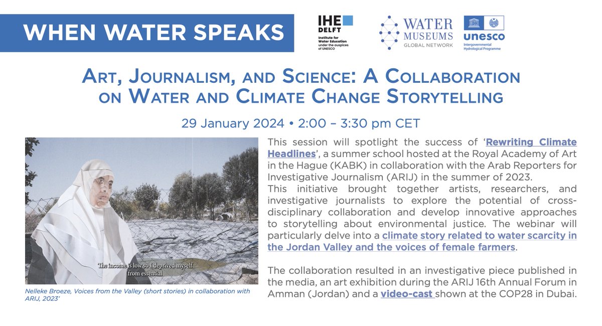 Join us today 29 January for a conversation on ‘Art, Journalism, and Science: A Collaboration on Water and #ClimateChangeStorytelling’.

With Niels Schrader @KABKnews, E'thar AlAzem <a href="/ARIJNetwork/">Arab Reporters for Investigative Journalism</a>, artist Nelleke Broeze and <a href="/borisvwestering/">Boris van Westering</a>.

More info here: lnkd.in/dU8np4yV