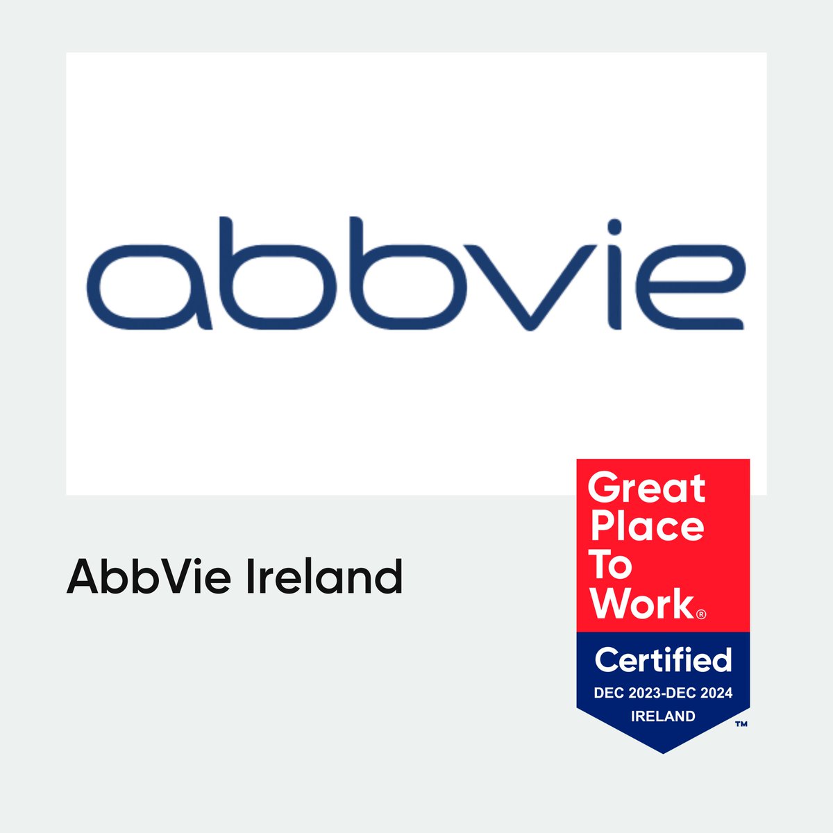 CERTIFICATION 🏅| Congratulations to @AbbVie Ireland for being Certified™ as a #greatplacetowork again! Well done to the team for this amazing achievement! 

Check out their Great culture 👉hubs.li/Q02hZrzX0

#gptw #gptwcertified #certifiedgreat