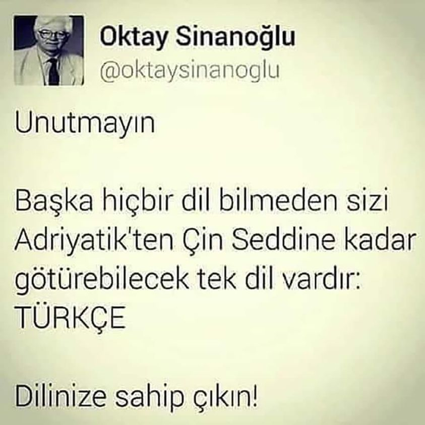 Oktay Sinanoğlu

Do not forget

There is one unique language, which can bring you from Adriatic to Great China Wall without knowing any other language
TURKISH

Take care of your language