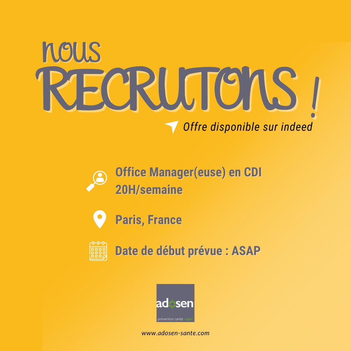 📣#JobAlert

ADOSEN #recrute un/une office manager/euse en #CDI👩‍💻👨‍💻

Tu souhaites en savoir plus ? Postuler ? Ça se passe ici 👉 fr.indeed.com/jobs?q=office+…

#recrutement #jobalert #officemanager #officemanageuse #CDI #tempspartiel