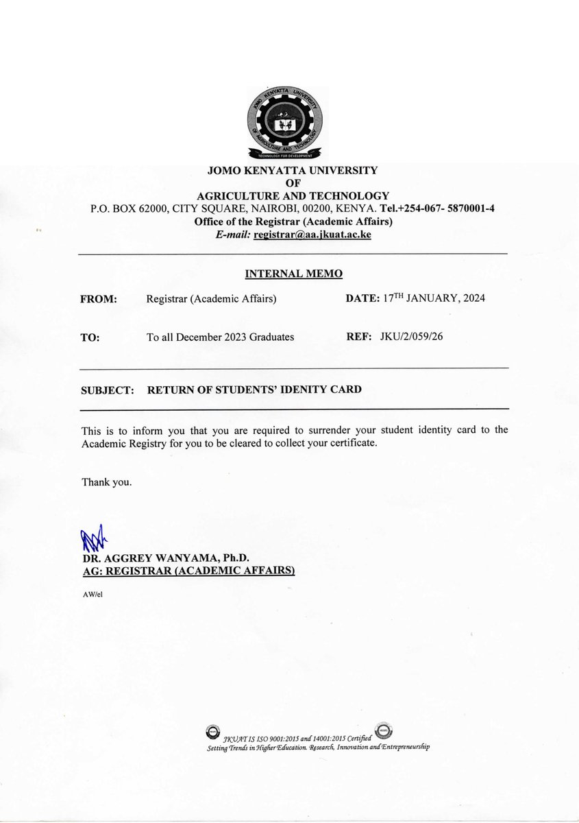 DiscoverJKUAT's tweet photo. π Notice to all 2023 December Graduands! ππ
Remember, surrendering your student ID is mandatory in the clearing process to collect your certificates.
Please adhere to these guidelines to ease the certificate collection process at the Examinations Office.
#2023Graduands https://t.co/bzYWnhJtiQ