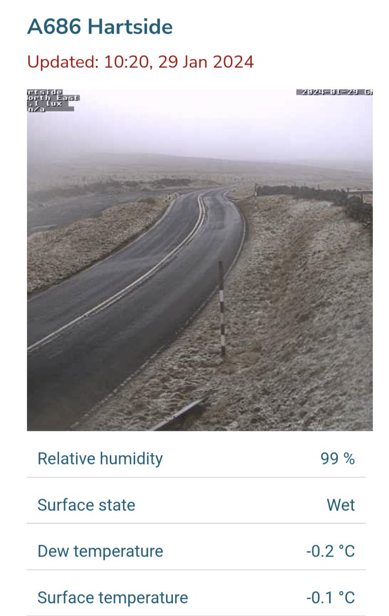pacrabtree's tweet photo. The A686 Hartside Summit at 1903ft asl never fails in marginal snow events. Touch of snow now visible on the webcam #Hartside #Cumbria #UKsnow https://t.co/C08sroQrT2