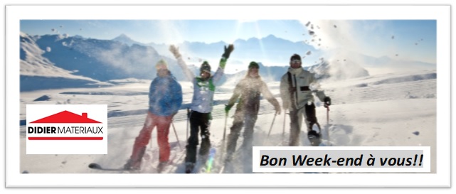 Toute l'équipe <a href="/DidierMateriaux/">DIDIER MATERIAUX</a> vous souhaite un agréable #weekend. Profitez-en pour partir à la neige en famille !
Rappel : nos agences sont ouvertes du LUNDI au VENDREDI de 7h30 à 12h00 et de 13h30 à 18h00.
📌2 impasse Marcel Gauthier, RN 532, 26300 Pizançon  📞04 75 70 41 55