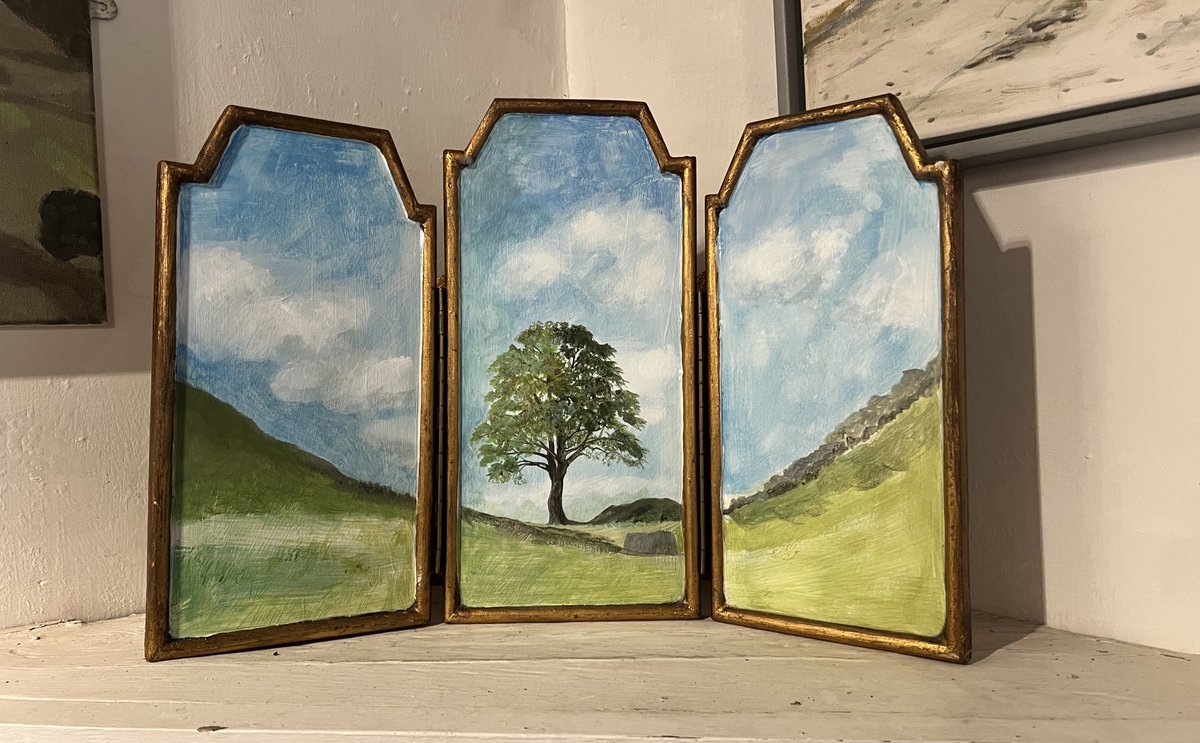 Today’s offering for my studio sale (taking place on the last day of this month here on Twitter X) is my homage to #SycamoreGap painted on vintage panels. It’s a free standing triptych so good for a shelf or mantle piece