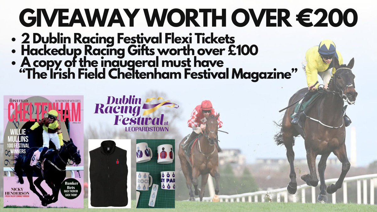 🚨🚨GIVEAWAY🚨🚨 - 2 DRF Flexi Tickets - @HackedUp_HR Merchandise worth over £100 (Embroidered Gilet, socks, mug & Cheltenham Planner) - @TheIrishField Cheltenham Festival Magazine To enter all you have to do is.. 1. Like & Retweet this post 2. Tag a friend 3. Follow our page