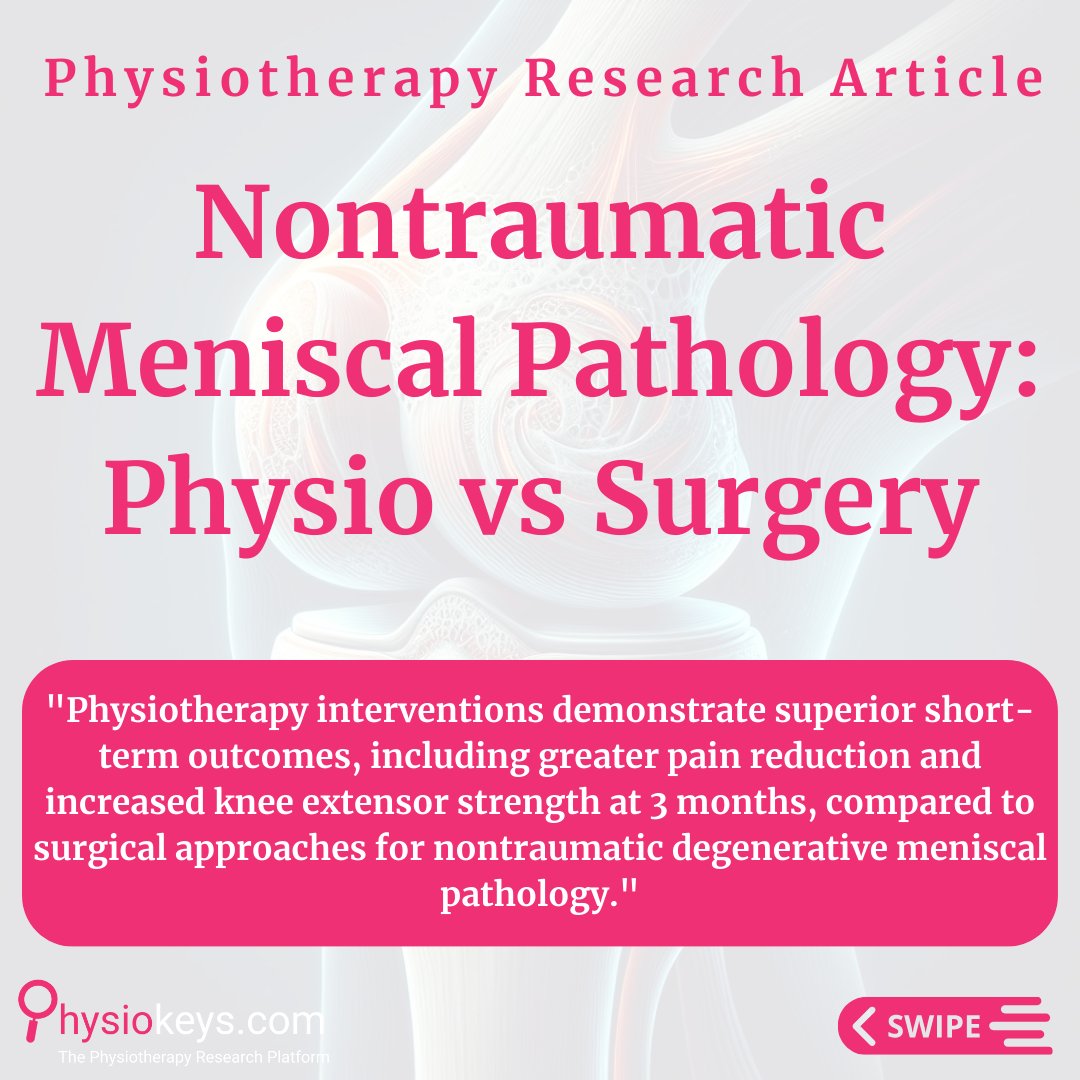 PhysioKeys's tweet photo. Physical Therapist Interventions Versus or Combined with Surgical Treatment in Nontraumatic Degenerative Meniscal Pathology: A Systematic Review and Network Meta-Analysis

https://t.co/7pF2U2wDyQ?

#physiotherapy #PhysicalTherapy #physio #research https://t.co/WwQChMZC2y