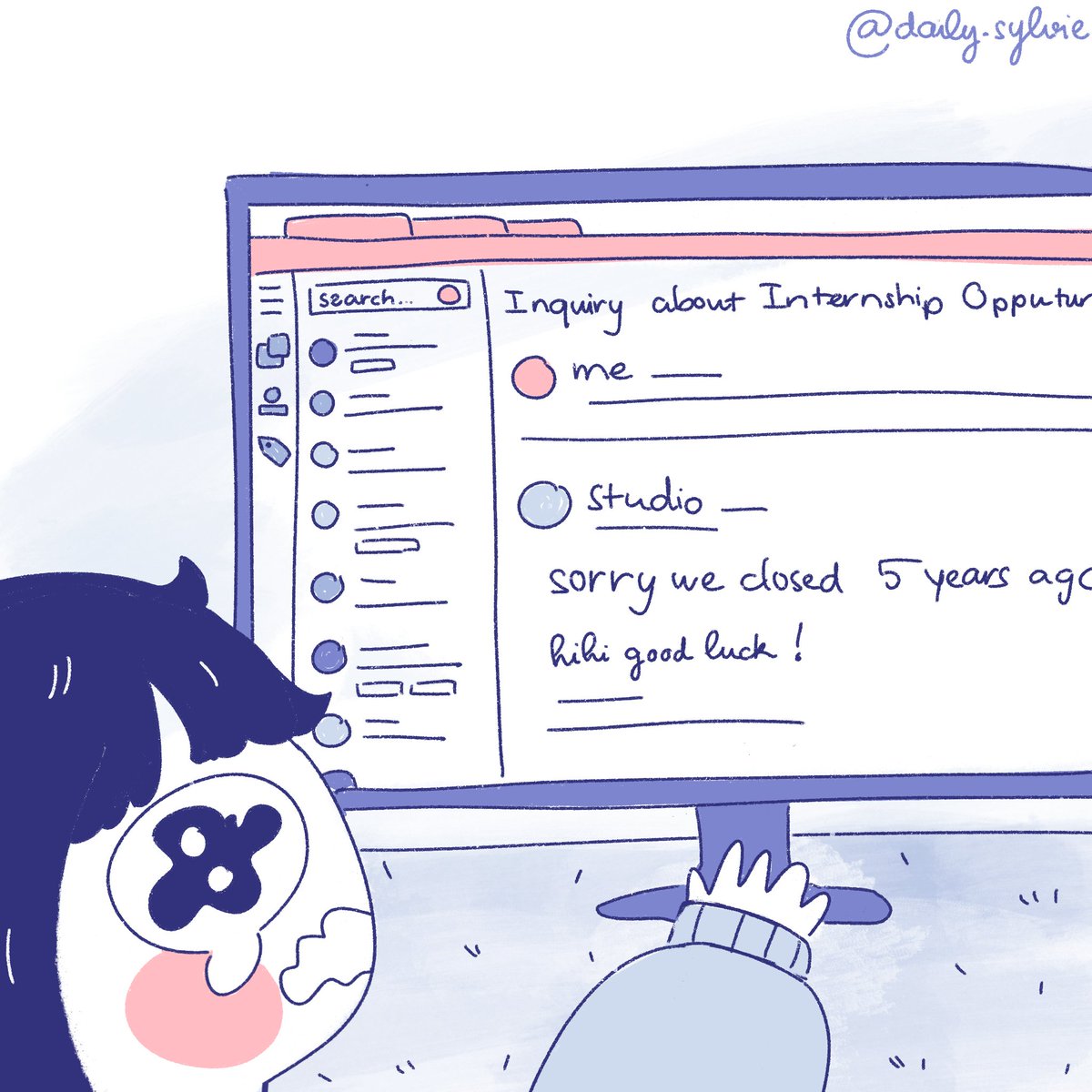 daily__sylvie's tweet photo. #77
There’s nothing here but an miserable person who sent 50 emails asking for internships but didn’t get a single interview 😭

#dailysylvie #dailycomic #comics #art #artist #illustration https://t.co/wu2BWo1adZ
