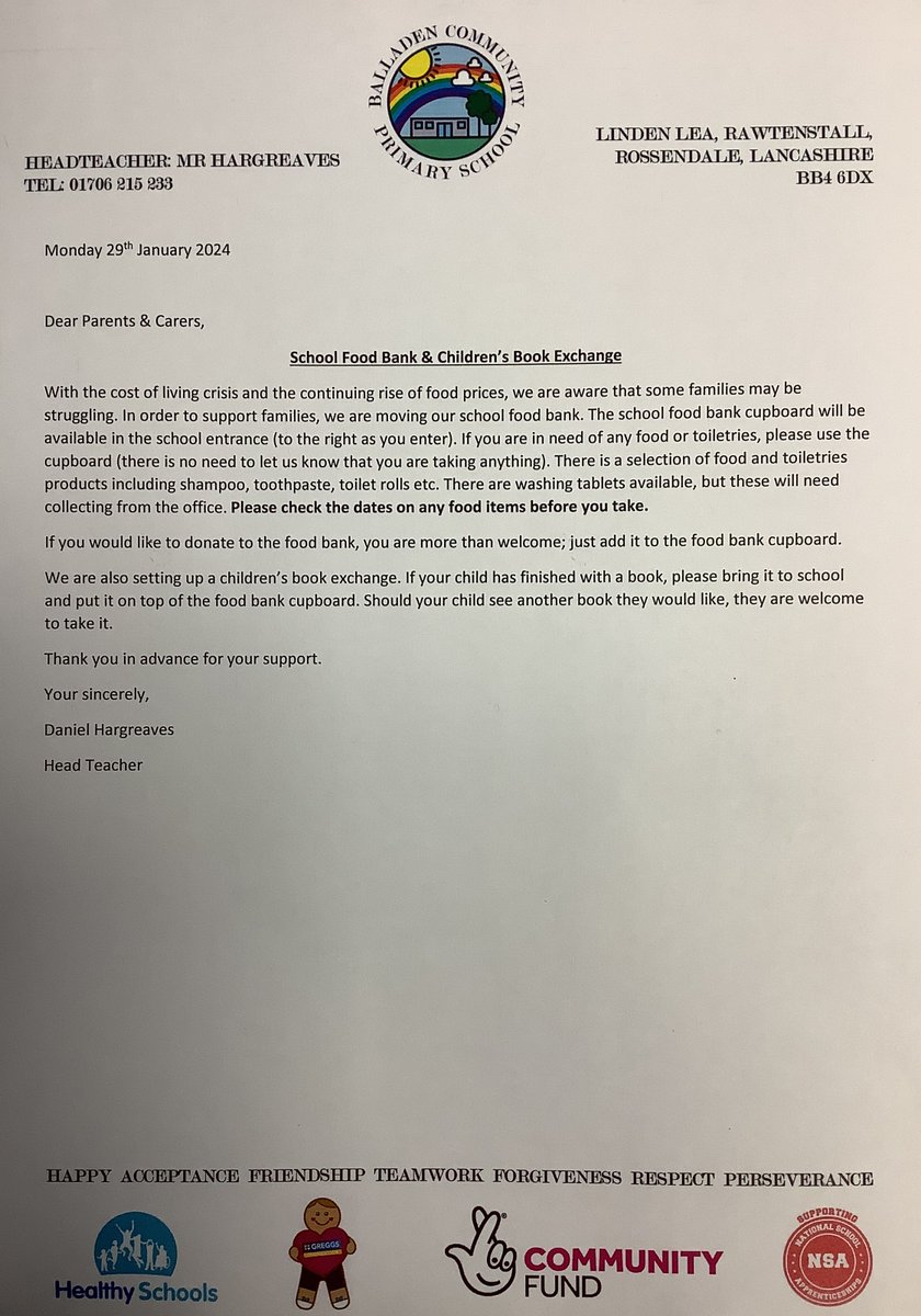 Balladenprimary's tweet photo. Please see the attached letter about our school food bank &amp; new book exchange scheme. https://t.co/aChdS1lw6T