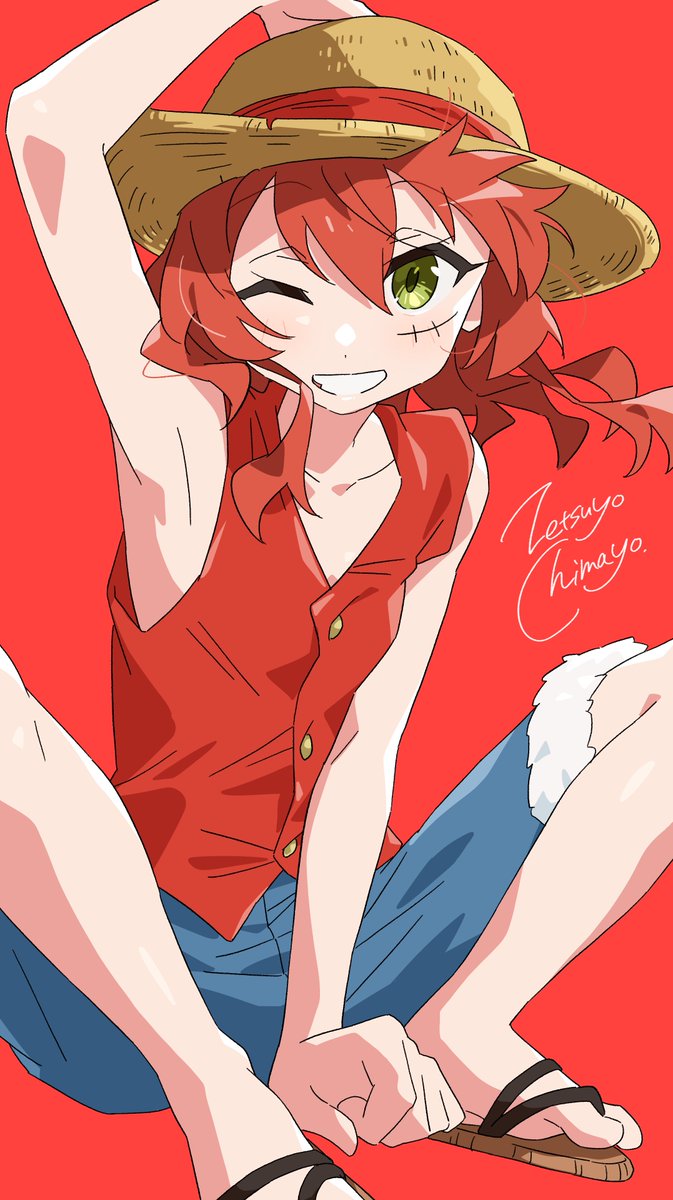 kita ikuyo ,monkey d. luffy solo 1girl hat one eye closed sandals green eyes red hair  illustration images