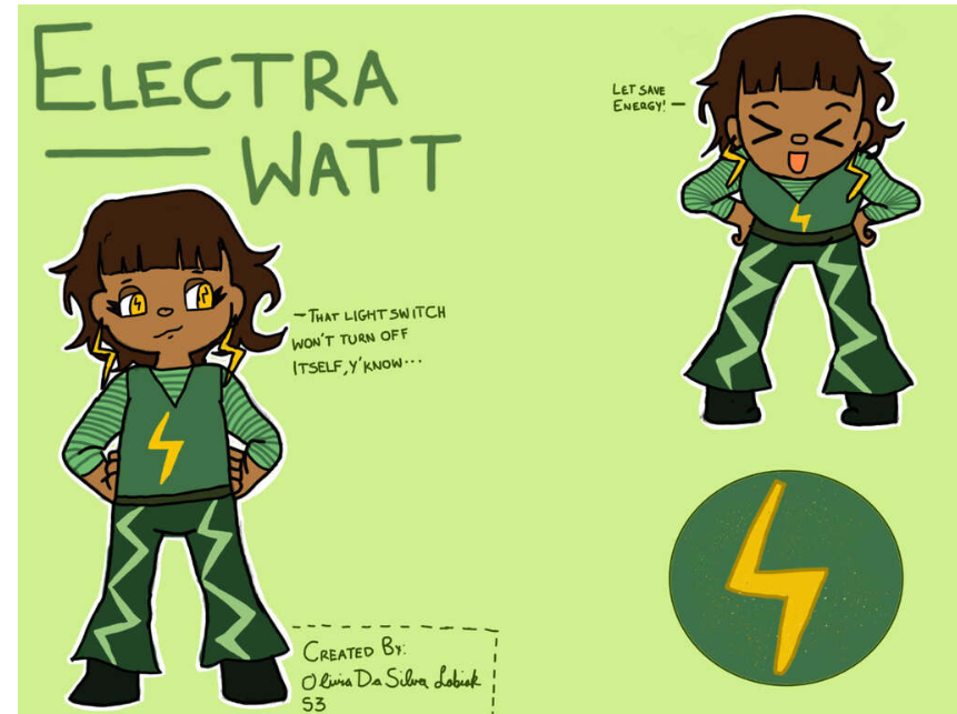 It's #EnergyMascotMonday! Introducing Electra Watt from @thomasofaquins! Sassy and focused, she'll remind everyone to save energy! Record your Energy Mascot here energysparks.uk/activity_types… #sustainableschools #ecoschools #climateeducation #energyefficiency #climatecreativity