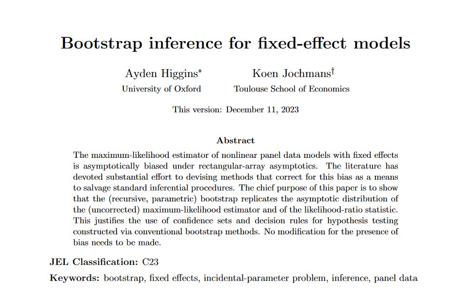 CavaliereGiu's tweet photo. Hi #EconTwitter! 

Always nice to see an #econometrics paper forthcoming in Econometrica, especially if it's about the bootstrap! 

This cool work by Ayden Higgins (@UniofOxford) & Koen Jochmans  (@TSEinfo), building on earlier research by @silviag45129862 &  Kaffo (2016, @JEconometrics), tackles the important issue of asymptotic bias in panel data models using the bootstrap.

Check it out! 👇

Link: https://t.co/HhRSjWemrR