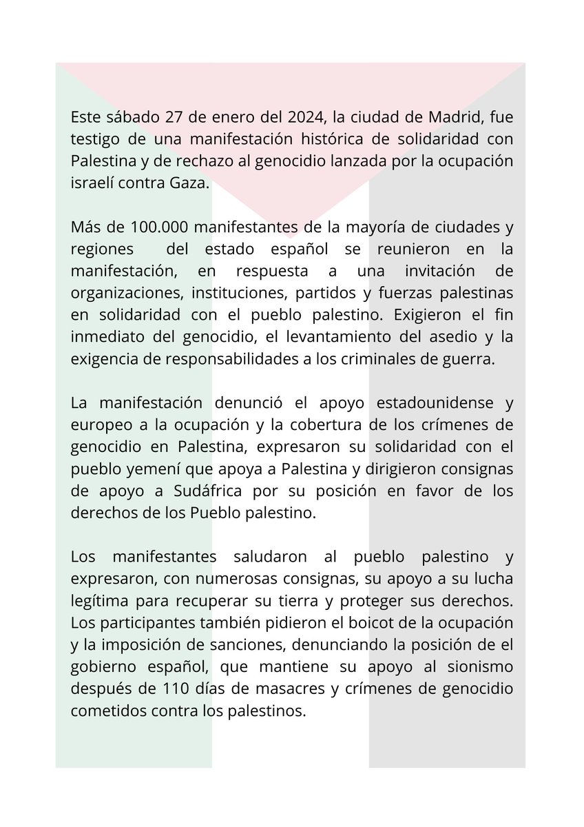 100.000 participantes en la manifestación de Madrid: Alto al genocidio...

🇵🇸Libertad para Palestina🇵🇸

🚨Valoración de la Marcha Contra el Genocidio🚨