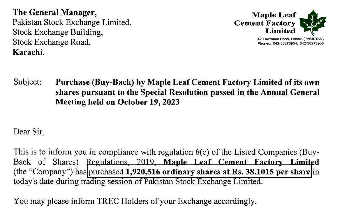 Buy back update. MLCF
bought 1.9M share 29Jan @ 38.10Rs/share
#psx #kse100 #mlcf