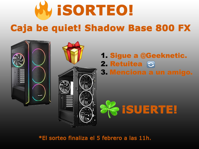 Geeknetic's tweet image. 🛑📣#Sorteo 📣🛑

🎁 Regalamos esta caja #bequiet! #ShadowBase 800 FX, con un bonito diseño y perfecta para albergar tus componentes. 

Para participar:
1️⃣Sigue a @Geeknetic
2️⃣RT 🔃
3️⃣Menciona a un amigo 🗣

¡Suerte!🍀
Finaliza el 5 de febrero a las 11h.
@bequietES