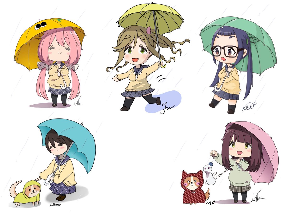 inuyama aoi ,kagamihara nadeshiko multiple girls motosu school uniform dog school uniform pantyhose umbrella pink hair  illustration images