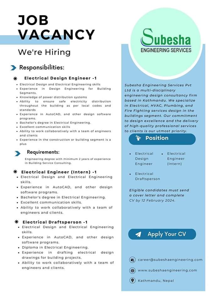 NepElectrics's tweet photo. Electrical Design Engineer, Electrical Engineer (Intern) &amp; Electrical Draftsperson Vacancies at Subesha Engineering Services Pvt. Ltd. 

#electricalvacancyinnepal #electricaldesignjobsnepal https://t.co/FTsMO5aeiz