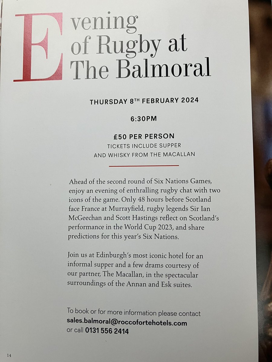 ScottHastings13's tweet photo. Looking forward to chatting with @sirianmcgeechan at #thebalmoral @The_Balmoral on Thursday 8th February on all things @SixNationsRugby #6NS & @lionsofficial What questions would you ask? Better still, why not ask yourself? To book Email: sales.balmoral@roccofortehotels.com https://t.co/DGkfTMMoCB