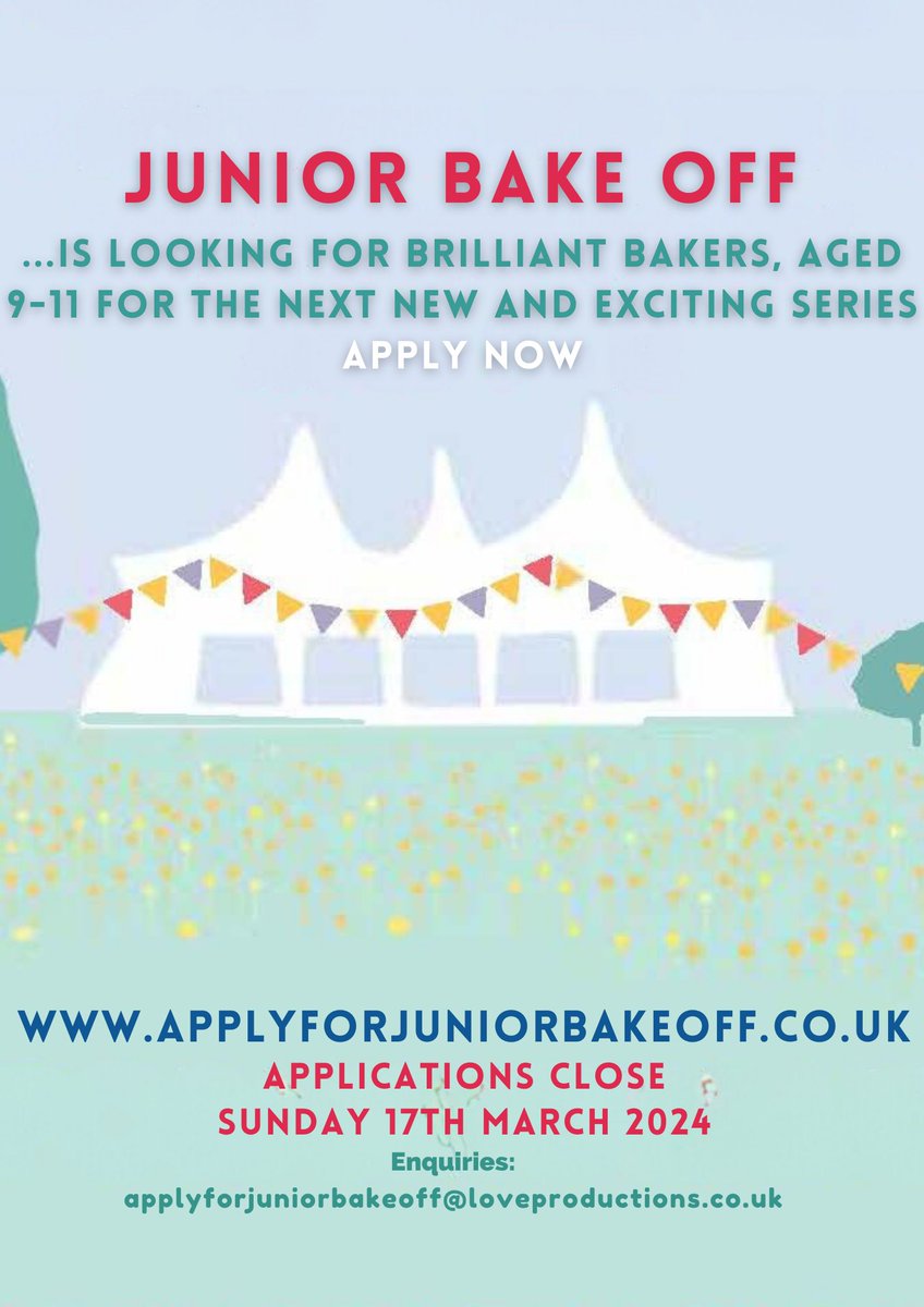 📷 Exciting News! Junior Bake Off is on the hunt for amazing bakers, aged 9-11, for the upcoming series! 📷 Ready to showcase your baking skills? Apply now and be part of the baking magic! 📷 #JuniorBakeOff #BakingStarsWanted