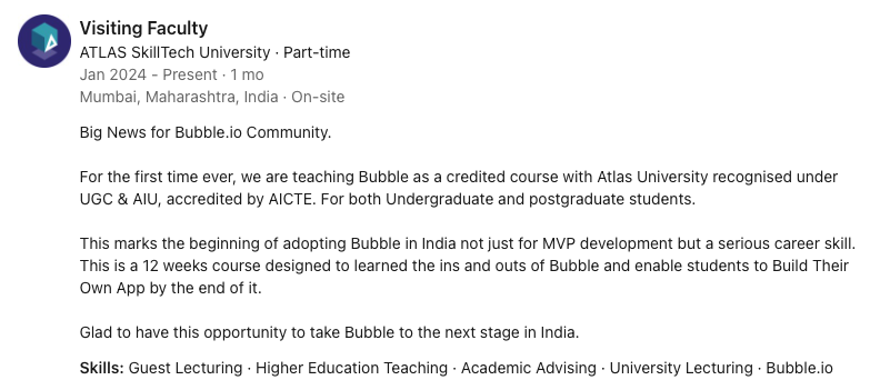 Life Update: 

Became a Visiting Faculty for a b-school in Mumbai. Teaching <a href="/bubble/">Bubble</a> as a credited course.