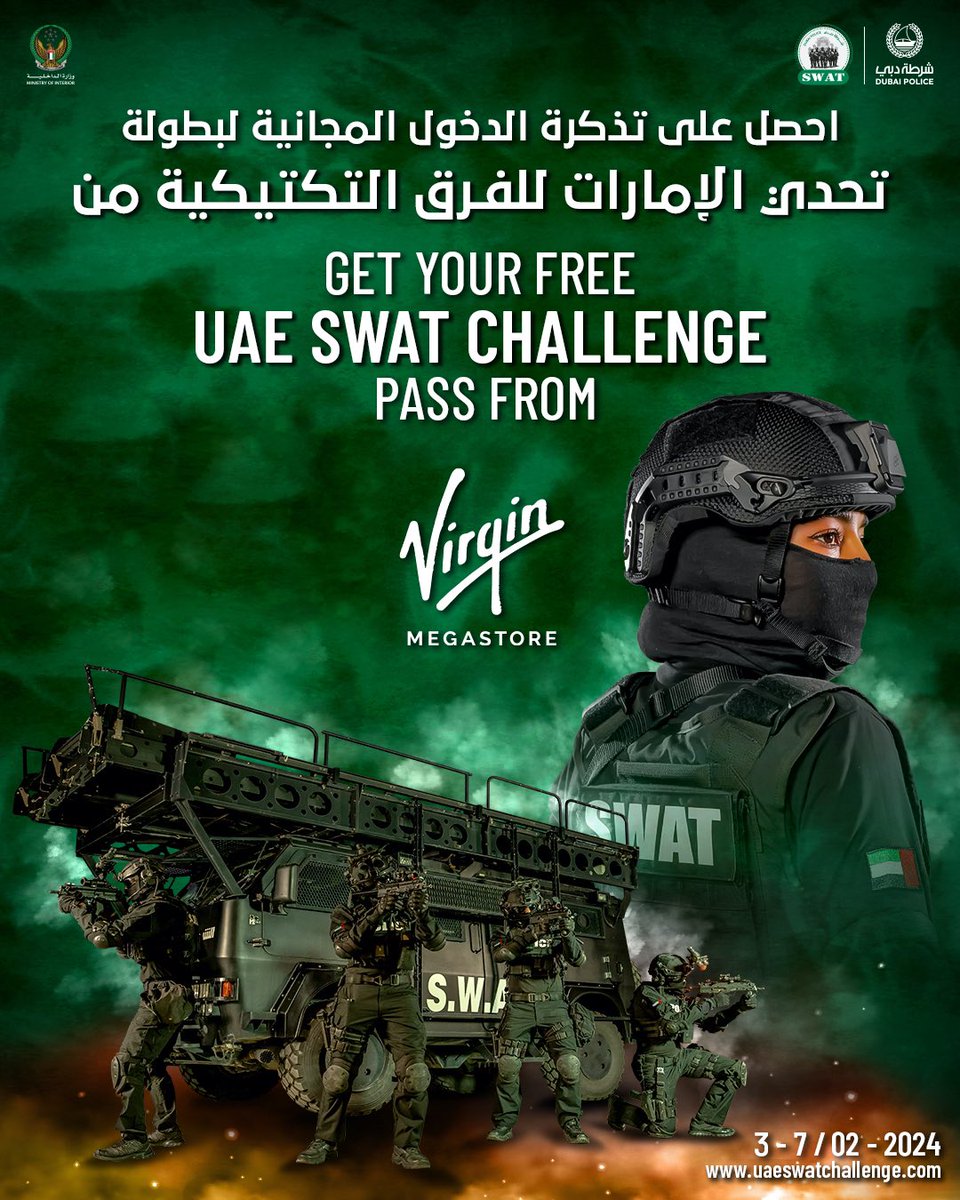 swat_challenge's tweet photo. Watch the most famous International #SWAT teams compete to win, 3-7 February 2024. Buckle up for #SWATAction and secure your seat for the #UAESWATChallenge with a free pass on Virgin Megastore
https://t.co/xA9lOAp2z5 https://t.co/9iZZs8LsFw