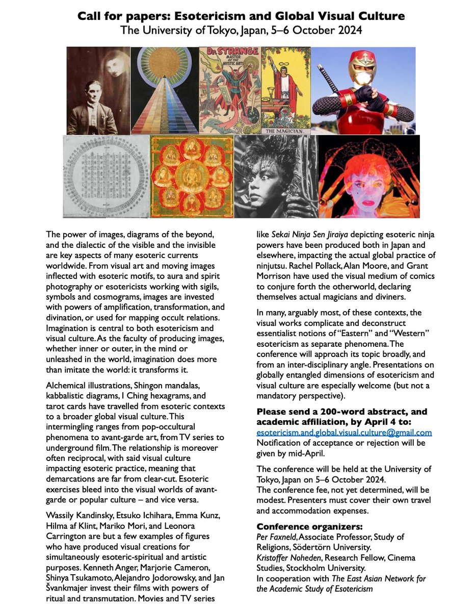 CALL FOR PAPERS!

In cooperation with The East Asian Network For The Academic Study Of Esotericism, me and my colleague Kristoffer Noheden are organising a conference on esotericism and global visual culture in Tokyo, 5–6 October, 2024. Please share!