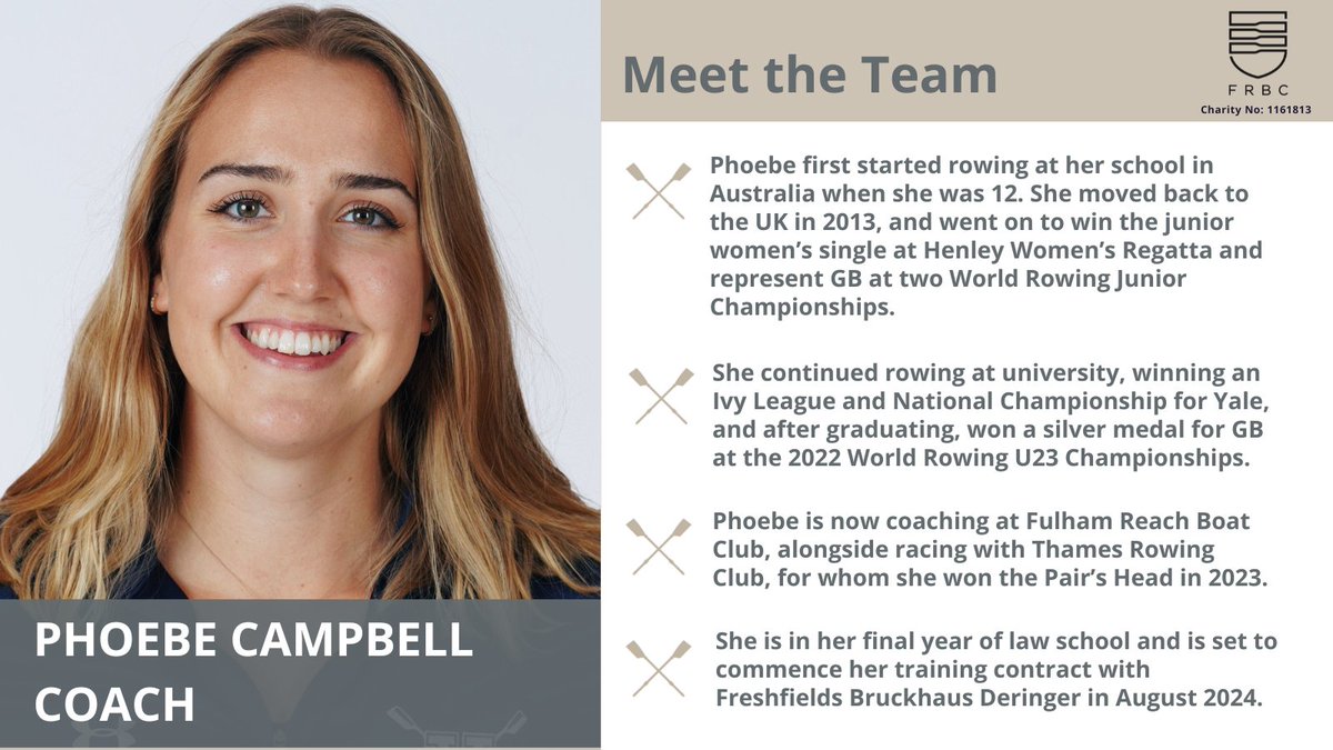 Meet Coach Phoebe:
🚣🏿‍♀️She started #rowing in 🇦🇺
🏅She's conquered #Henley
🇬🇧Represented GB & clinched a silver at the 2022 U23 #WorldRowing Champs U23 Champs!

Now coaching at @fulhamreachBC & racing with @thamesrowingclub ✨

📚 She's In her final year of law school

❤️#TeamFRBC