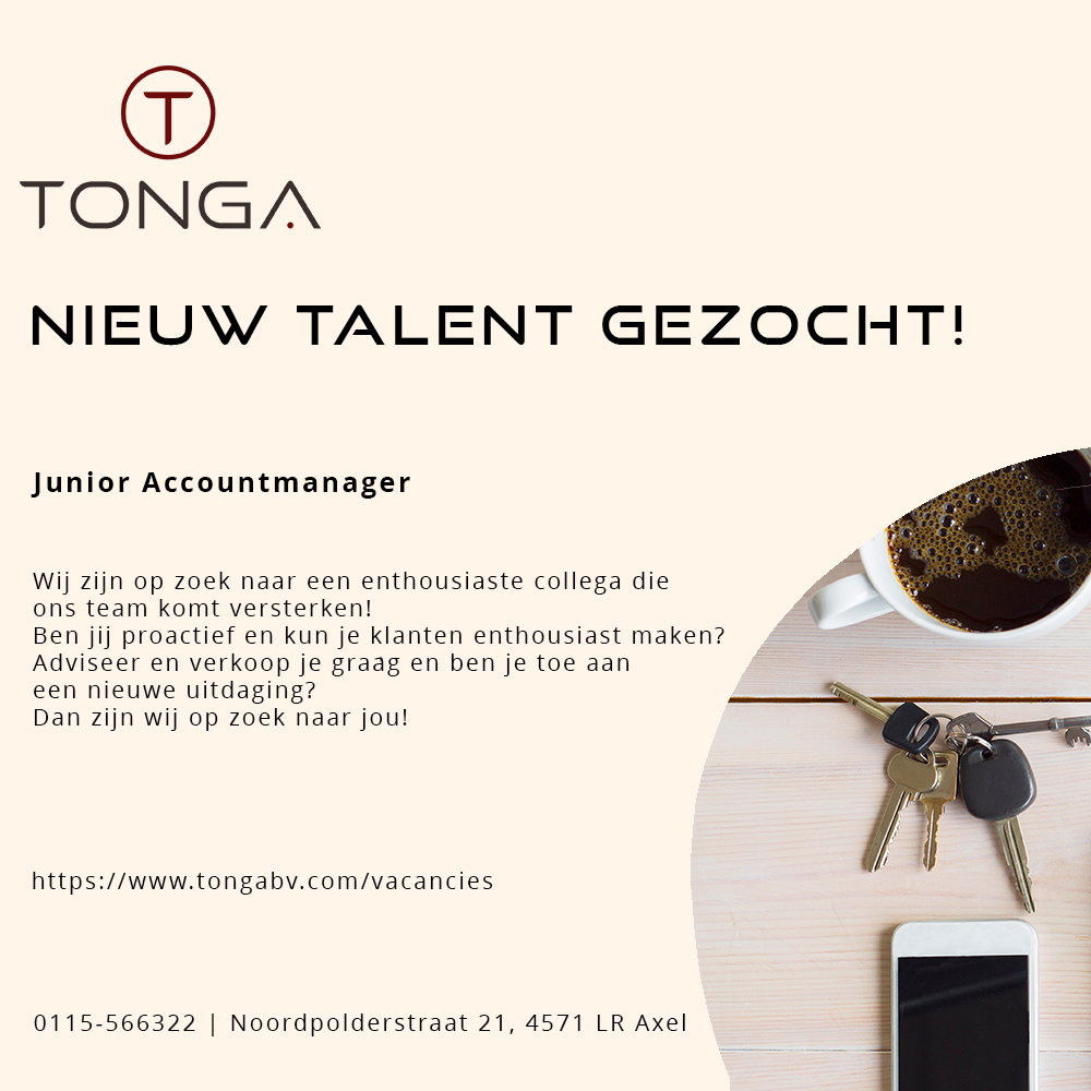 Nog een vacature! We zoeken een Junior Accountmanager. Kijk op tongabv.com/vacancies #vacature #junioraccountmanager #Axel #DenHaag #accountmanager